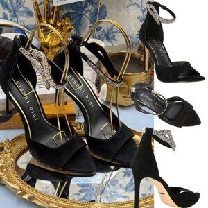 🆕 GIANNI BINI 🧿 NWOB August Embellished Snake Sandals, Black Suede - Sz US 7 M